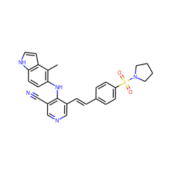 Cc1c(Nc2c(C#N)cncc2/C=C/c2ccc(S(=O)(=O)N3CCCC3)cc2)ccc2[nH]ccc12 ZINC000049021093