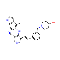 Cc1c(Nc2c(C#N)cncc2/C=C/c2cccc(CN3CCC(O)CC3)c2)ccc2[nH]ccc12 ZINC000049072948