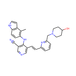 Cc1c(Nc2c(C#N)cncc2/C=C/c2cccc(CN3CCC(O)CC3)n2)ccc2[nH]ccc12 ZINC000049067067