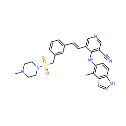 Cc1c(Nc2c(C#N)cncc2/C=C/c2cccc(CS(=O)(=O)N3CCN(C)CC3)c2)ccc2[nH]ccc12 ZINC000049045371