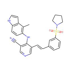 Cc1c(Nc2c(C#N)cncc2/C=C/c2cccc(S(=O)(=O)N3CCCC3)c2)ccc2[nH]ccc12 ZINC000049033482