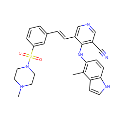 Cc1c(Nc2c(C#N)cncc2/C=C/c2cccc(S(=O)(=O)N3CCN(C)CC3)c2)ccc2[nH]ccc12 ZINC000049032648