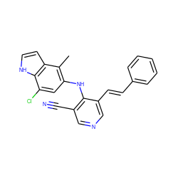 Cc1c(Nc2c(C#N)cncc2/C=C/c2ccccc2)cc(Cl)c2[nH]ccc12 ZINC000045260420