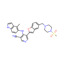 Cc1c(Nc2c(C#N)cncc2-c2cc3cc(CN4CCN(S(C)(=O)=O)CC4)ccc3o2)ccc2[nH]ccc12 ZINC000049680146