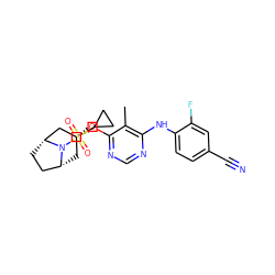 Cc1c(Nc2ccc(C#N)cc2F)ncnc1O[C@@H]1C[C@@H]2CC[C@H](C1)N2S(=O)(=O)C1CC1 ZINC000103232123