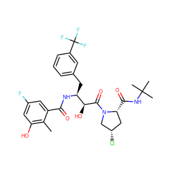 Cc1c(O)cc(F)cc1C(=O)N[C@@H](Cc1cccc(C(F)(F)F)c1)[C@H](O)C(=O)N1C[C@@H](Cl)C[C@H]1C(=O)NC(C)(C)C ZINC000014944406