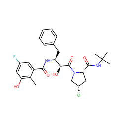 Cc1c(O)cc(F)cc1C(=O)N[C@@H](Cc1ccccc1)[C@H](O)C(=O)N1C[C@@H](Cl)C[C@H]1C(=O)NC(C)(C)C ZINC000014944397