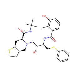 Cc1c(O)cccc1C(=O)N[C@@H](CSc1ccccc1)[C@H](O)CN1C[C@H]2CCS[C@H]2C[C@H]1C(=O)NC(C)(C)C ZINC000003929878