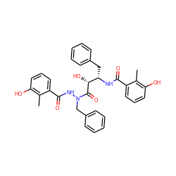 Cc1c(O)cccc1C(=O)N[C@@H](Cc1ccccc1)[C@@H](O)C(=O)N(Cc1ccccc1)NC(=O)c1cccc(O)c1C ZINC000003989597