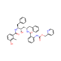 Cc1c(O)cccc1C(=O)N[C@@H](Cc1ccccc1)[C@@H](O)C[C@H](Cc1ccccc1)NC(=O)c1ccccc1NC(=O)OCc1ccccn1 ZINC000027103319