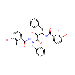 Cc1c(O)cccc1C(=O)N[C@@H](Cc1ccccc1)[C@H](O)C(=O)N(Cc1ccccc1)NC(=O)c1cccc(O)c1C ZINC000003989594