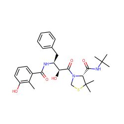 Cc1c(O)cccc1C(=O)N[C@@H](Cc1ccccc1)[C@H](O)C(=O)N1CSC(C)(C)[C@H]1C(=O)NC(C)(C)C ZINC000013797470