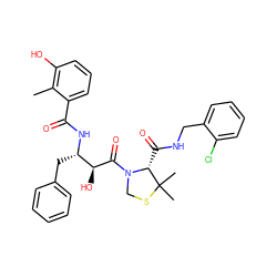 Cc1c(O)cccc1C(=O)N[C@@H](Cc1ccccc1)[C@H](O)C(=O)N1CSC(C)(C)[C@H]1C(=O)NCc1ccccc1Cl ZINC000014943124