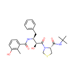 Cc1c(O)cccc1C(=O)N[C@@H](Cc1ccccc1)[C@H](O)C(=O)N1CSC[C@H]1C(=O)NC(C)(C)C ZINC000013797465