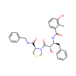 Cc1c(O)cccc1C(=O)N[C@@H](Cc1ccccc1)[C@H](O)C(=O)N1CSC[C@H]1C(=O)NCc1ccccc1 ZINC000029481366