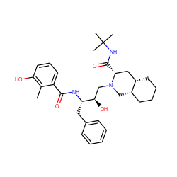 Cc1c(O)cccc1C(=O)N[C@@H](Cc1ccccc1)[C@H](O)CN1C[C@H]2CCCC[C@H]2C[C@H]1C(=O)NC(C)(C)C ZINC000003935707