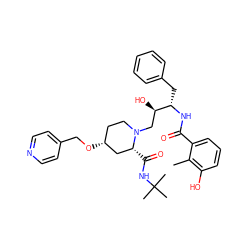 Cc1c(O)cccc1C(=O)N[C@@H](Cc1ccccc1)[C@H](O)CN1CC[C@@H](OCc2ccncc2)C[C@H]1C(=O)NC(C)(C)C ZINC000014943149