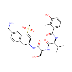 Cc1c(O)cccc1C(=O)N[C@H](C(=O)N[C@@H](CO)C(=O)N[C@H](/C=C/S(C)(=O)=O)Cc1ccc(CN)cc1)C(C)C ZINC000095585119