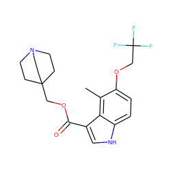 Cc1c(OCC(F)(F)F)ccc2[nH]cc(C(=O)OCC34CCN(CC3)CC4)c12 ZINC001772588332