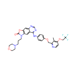 Cc1c(OCC(F)(F)F)ccnc1COc1ccc(Nc2ncnc3cc4oc(=O)n(CCCN5CCOCC5)c4cc23)cc1 ZINC000084714486