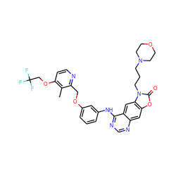 Cc1c(OCC(F)(F)F)ccnc1COc1cccc(Nc2ncnc3cc4oc(=O)n(CCCN5CCOCC5)c4cc23)c1 ZINC000084726332