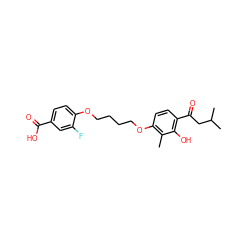 Cc1c(OCCCCOc2ccc(C(=O)O)cc2F)ccc(C(=O)CC(C)C)c1O ZINC000169351419