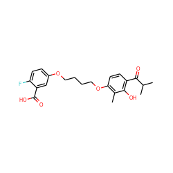 Cc1c(OCCCCOc2ccc(F)c(C(=O)O)c2)ccc(C(=O)C(C)C)c1O ZINC000169351443