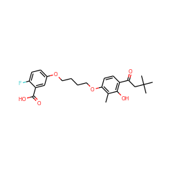 Cc1c(OCCCCOc2ccc(F)c(C(=O)O)c2)ccc(C(=O)CC(C)(C)C)c1O ZINC000169351868