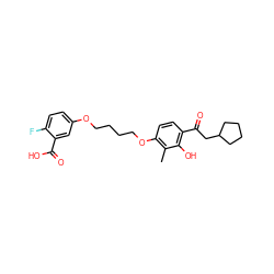 Cc1c(OCCCCOc2ccc(F)c(C(=O)O)c2)ccc(C(=O)CC2CCCC2)c1O ZINC000169351413