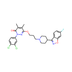 Cc1c(OCCCN2CCC(c3noc4cc(F)ccc34)CC2)nn(-c2ccc(Cl)c(Cl)c2)c(=O)c1C ZINC001772571109