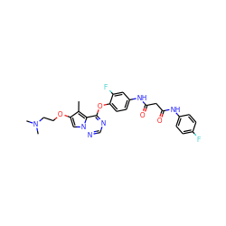 Cc1c(OCCN(C)C)cn2ncnc(Oc3ccc(NC(=O)CC(=O)Nc4ccc(F)cc4)cc3F)c12 ZINC000029040600