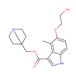 Cc1c(OCCO)ccc2[nH]cc(C(=O)OCC34CCN(CC3)CC4)c12 ZINC001772585248