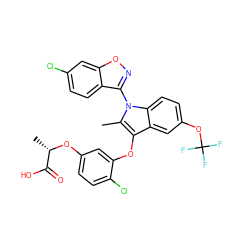 Cc1c(Oc2cc(O[C@@H](C)C(=O)O)ccc2Cl)c2cc(OC(F)(F)F)ccc2n1-c1noc2cc(Cl)ccc12 ZINC000028474729