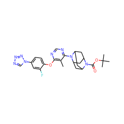 Cc1c(Oc2ccc(-n3cnnn3)cc2F)ncnc1N1C2CC3CC1CC(C2)N3C(=O)OC(C)(C)C ZINC000095593219