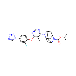 Cc1c(Oc2ccc(-n3cnnn3)cc2F)ncnc1N1C2CC3CC1CC(C2)N3C(=O)OC(C)C ZINC000095596081