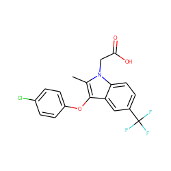 Cc1c(Oc2ccc(Cl)cc2)c2cc(C(F)(F)F)ccc2n1CC(=O)O ZINC000073195964