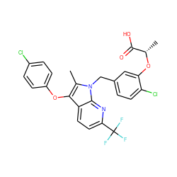 Cc1c(Oc2ccc(Cl)cc2)c2ccc(C(F)(F)F)nc2n1Cc1ccc(Cl)c(O[C@@H](C)C(=O)O)c1 ZINC000042876236