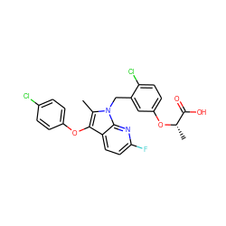 Cc1c(Oc2ccc(Cl)cc2)c2ccc(F)nc2n1Cc1cc(O[C@@H](C)C(=O)O)ccc1Cl ZINC000040865738