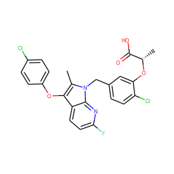 Cc1c(Oc2ccc(Cl)cc2)c2ccc(F)nc2n1Cc1ccc(Cl)c(O[C@@H](C)C(=O)O)c1 ZINC000040392844