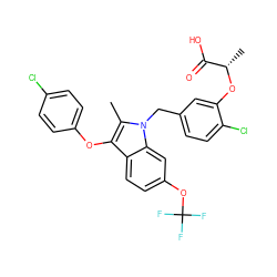 Cc1c(Oc2ccc(Cl)cc2)c2ccc(OC(F)(F)F)cc2n1Cc1ccc(Cl)c(O[C@@H](C)C(=O)O)c1 ZINC000042890104