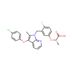 Cc1c(Oc2ccc(Cl)cc2)c2cccnc2n1Cc1cc(O[C@@H](C)C(=O)O)ccc1F ZINC000040835840