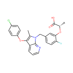 Cc1c(Oc2ccc(Cl)cc2)c2cccnc2n1Cc1ccc(F)c(O[C@@H](C)C(=O)O)c1 ZINC000040846737