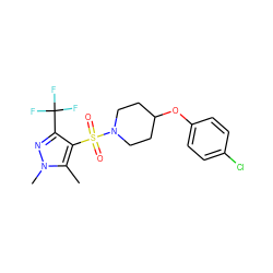 Cc1c(S(=O)(=O)N2CCC(Oc3ccc(Cl)cc3)CC2)c(C(F)(F)F)nn1C ZINC000207178806