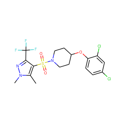 Cc1c(S(=O)(=O)N2CCC(Oc3ccc(Cl)cc3Cl)CC2)c(C(F)(F)F)nn1C ZINC001772644953