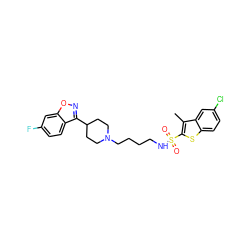 Cc1c(S(=O)(=O)NCCCCN2CCC(c3noc4cc(F)ccc34)CC2)sc2ccc(Cl)cc12 ZINC000114601106