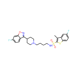 Cc1c(S(=O)(=O)NCCCCN2CCC(c3noc4cc(F)ccc34)CC2)sc2ccc(F)cc12 ZINC000114602922