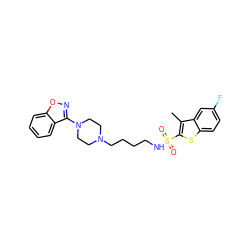 Cc1c(S(=O)(=O)NCCCCN2CCN(c3noc4ccccc34)CC2)sc2ccc(F)cc12 ZINC000114599869