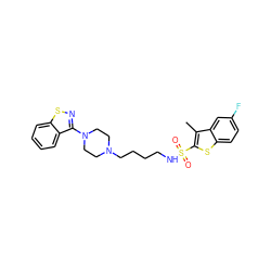 Cc1c(S(=O)(=O)NCCCCN2CCN(c3nsc4ccccc34)CC2)sc2ccc(F)cc12 ZINC000114599253