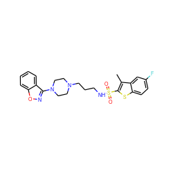 Cc1c(S(=O)(=O)NCCCN2CCN(c3noc4ccccc34)CC2)sc2ccc(F)cc12 ZINC000114599307