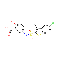 Cc1c(S(=O)(=O)Nc2ccc(O)c(C(=O)O)c2)sc2ccc(Cl)cc12 ZINC000114594519